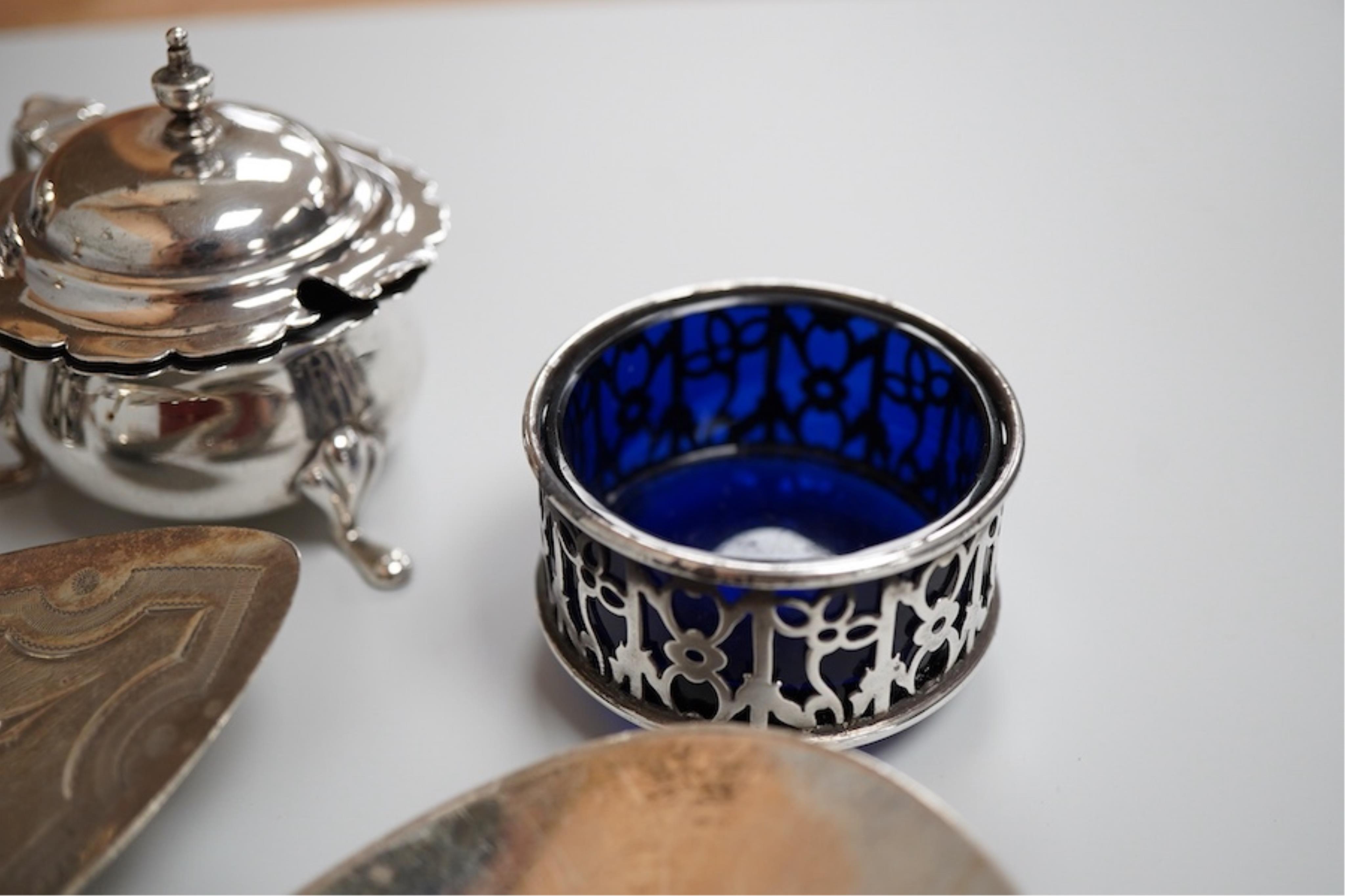 Two silver condiments and two sterling condiments, together with a set of six George V Old English and shell pattern coffee spoons by William Hutton & Sons Ltd, Sheffield, 1933, seven other items of assorted silver flatw